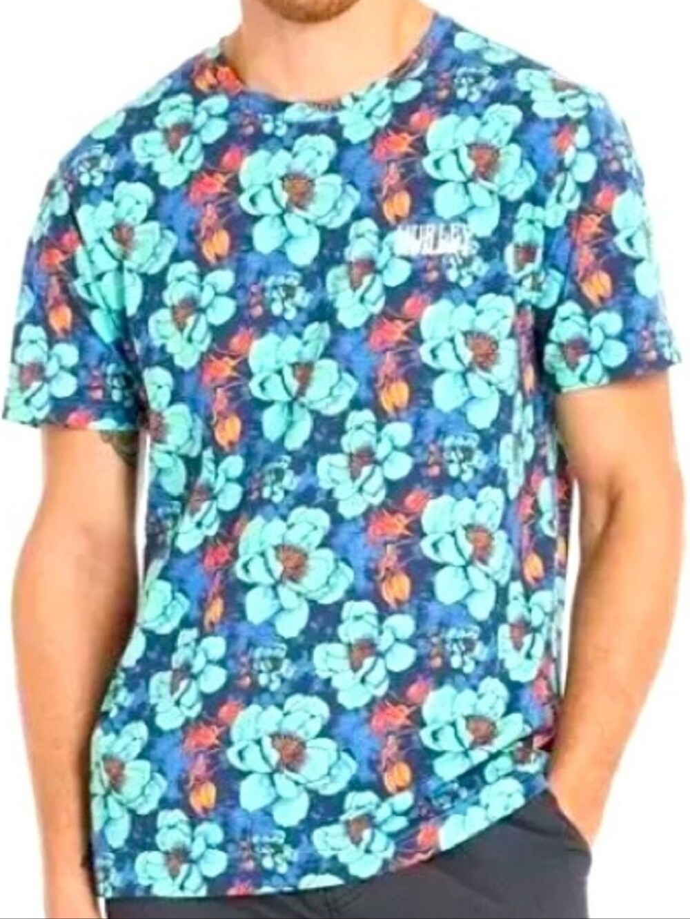 Hurley Shirt Mens XXL Blue Kirra Tropical Floral Short Sleeves Cotton Casual - Picture 3 of 10